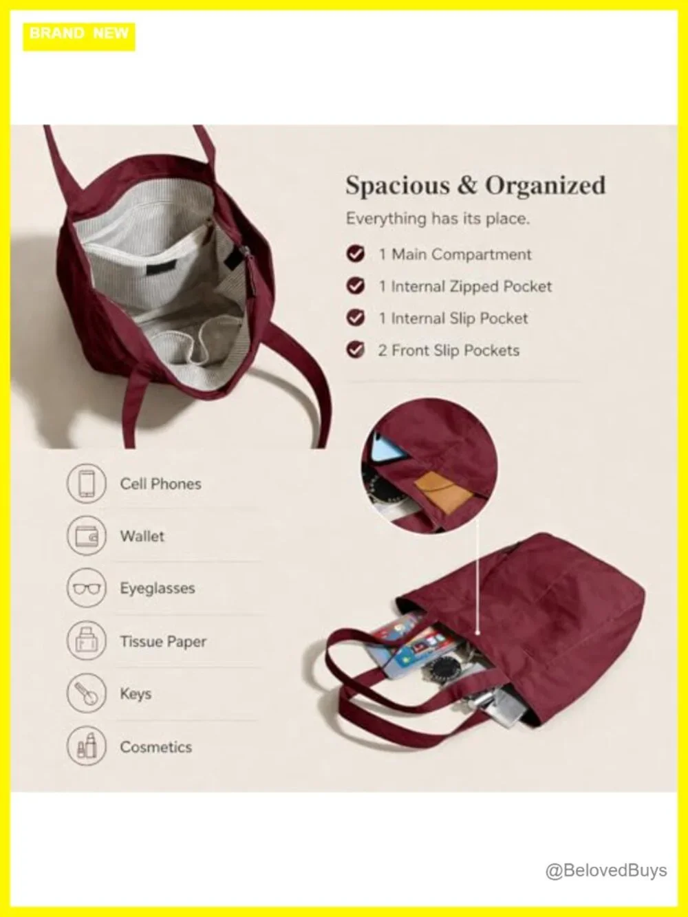 Lightweight Nylon Tote Bag with Multiple Pockets, Water-Resistant for Travel